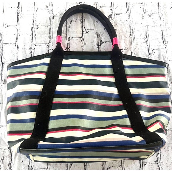 Fossil Large Multicolor Striped Tote Back Durable Pockets Logo Coated Canvas - Picture 4 of 5